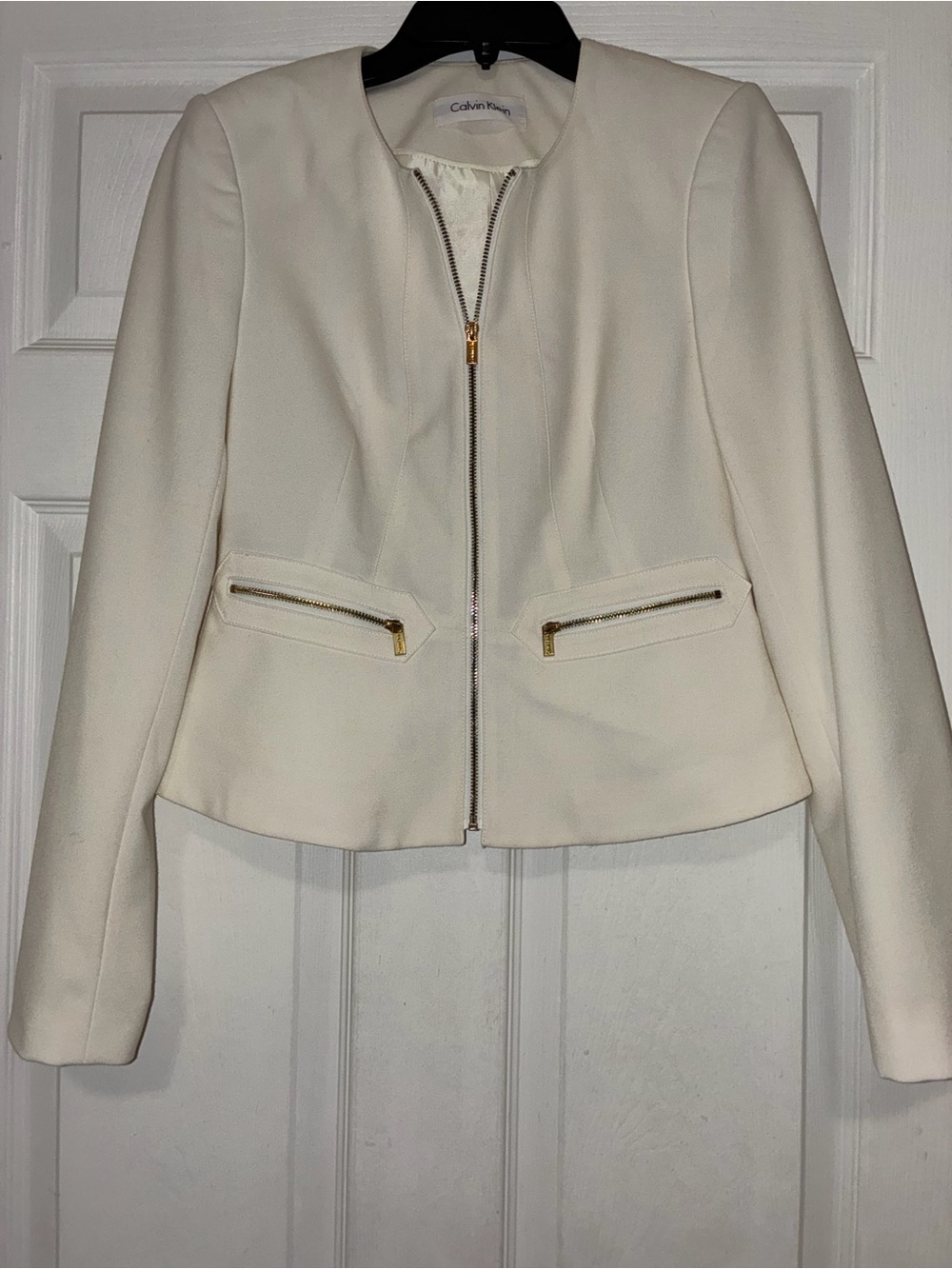Calvin Klein Ivory Peplum Zip Front Jacket Gold Hardware